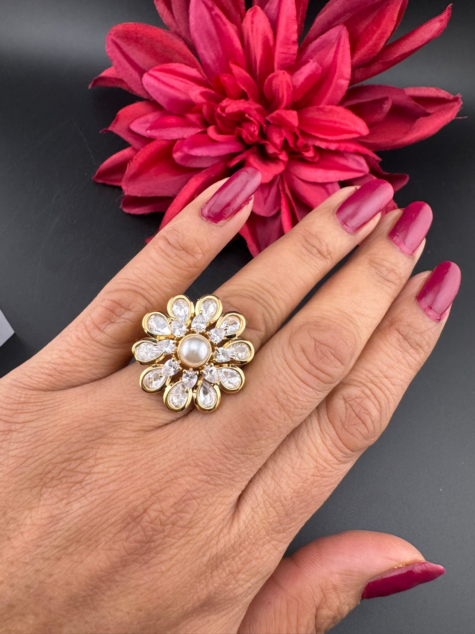 Premium Quality Ring Moissanite Kundan, CZ is Tyaani inspired Adjustable Finger Ring