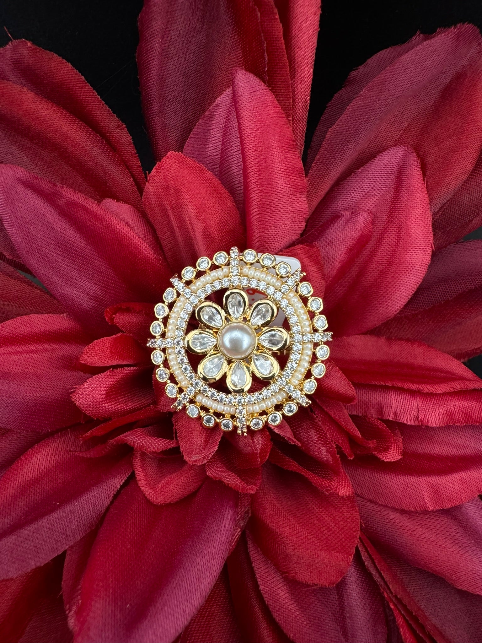 Premium Quality Ring Moissanite Kundan, CZ, Pearls is Tyaani inspired Adjustable Finger Ring