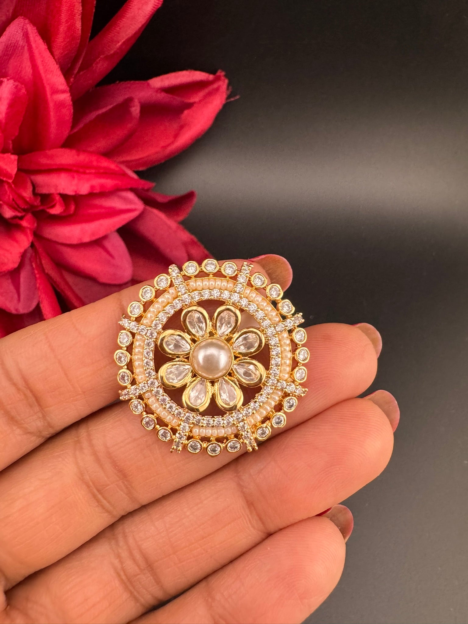 Premium Quality Ring Moissanite Kundan, CZ, Pearls is Tyaani inspired Adjustable Finger Ring