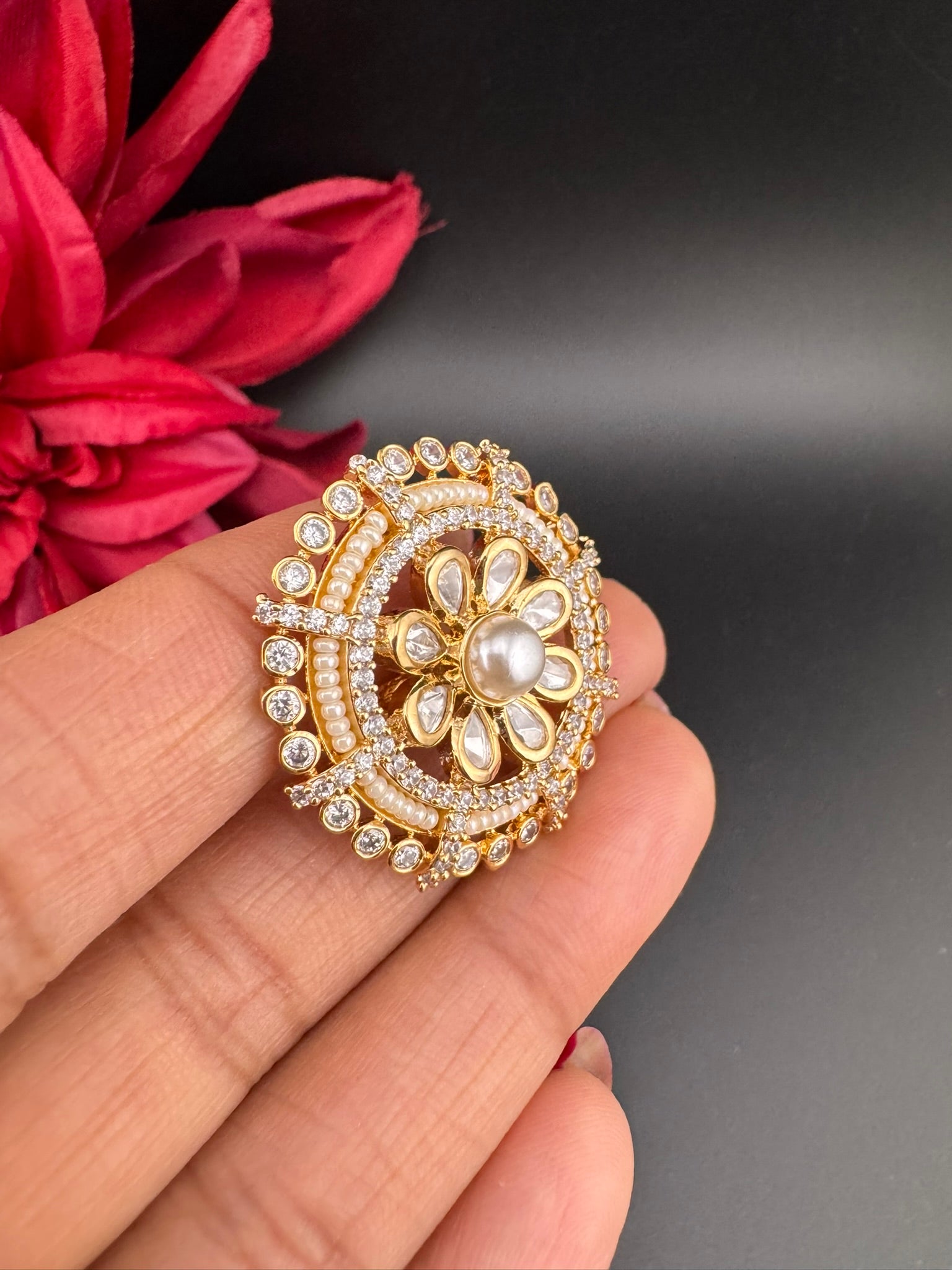 Premium Quality Ring Moissanite Kundan, CZ, Pearls is Tyaani inspired Adjustable Finger Ring