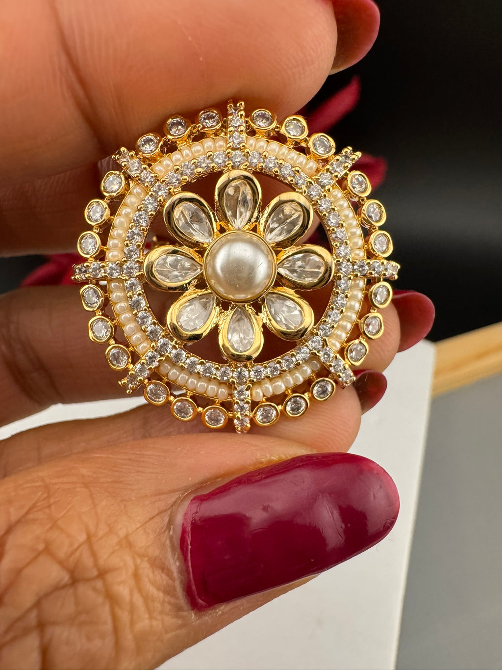 Premium Quality Ring Moissanite Kundan, CZ, Pearls is Tyaani inspired Adjustable Finger Ring