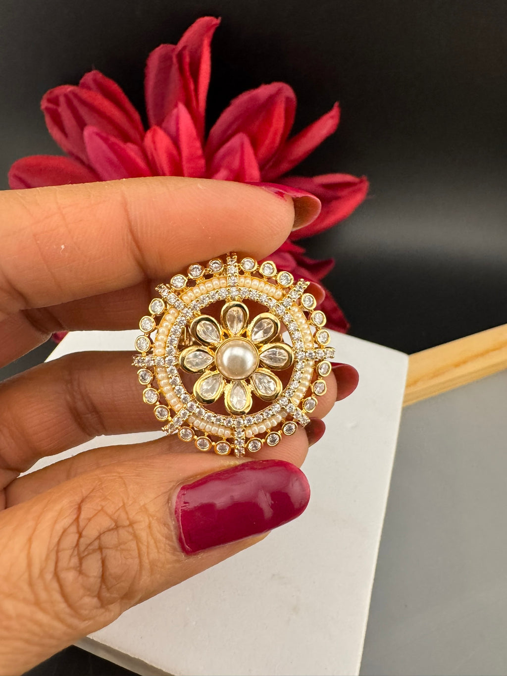 Premium Quality Ring Moissanite Kundan, CZ, Pearls is Tyaani inspired Adjustable Finger Ring