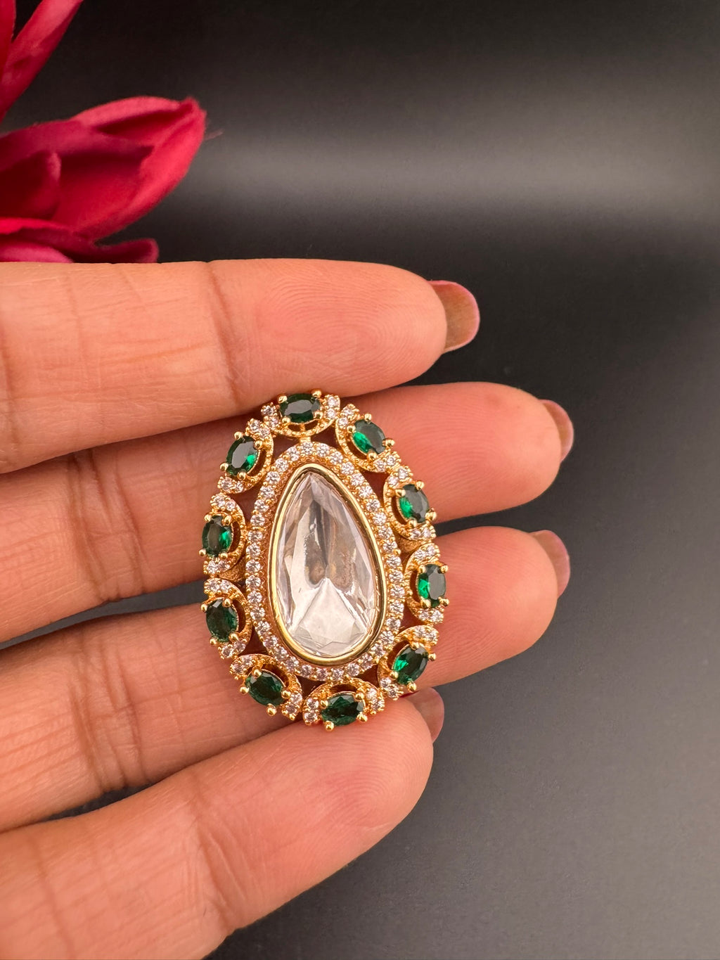 Premium Quality Big Ring Moissanite Kundan is Tyaani inspired Adjustable Finger Ring