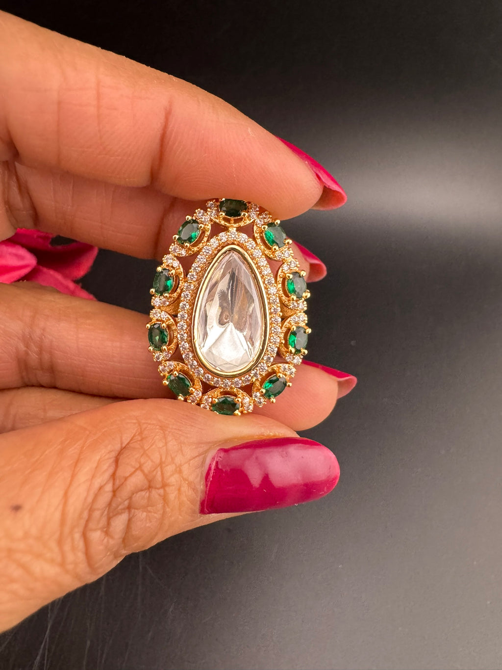 Premium Quality Big Ring Moissanite Kundan is Tyaani inspired Adjustable Finger Ring