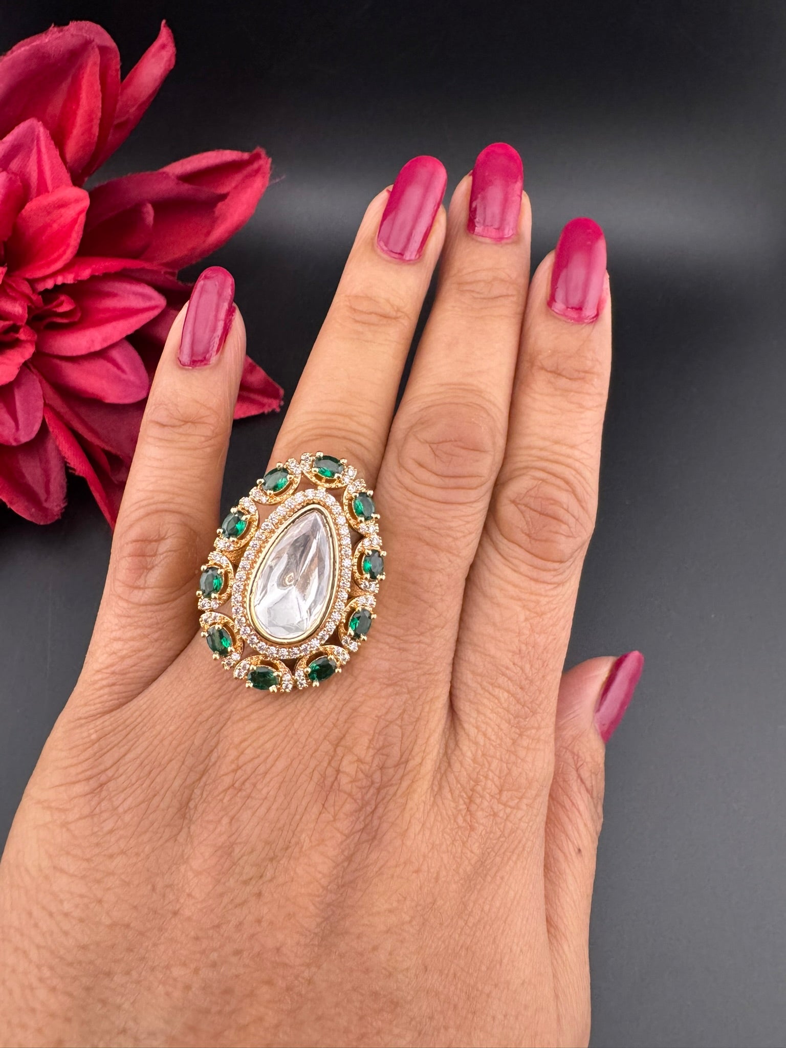 Premium Quality Big Ring Moissanite Kundan is Tyaani inspired Adjustable Finger Ring