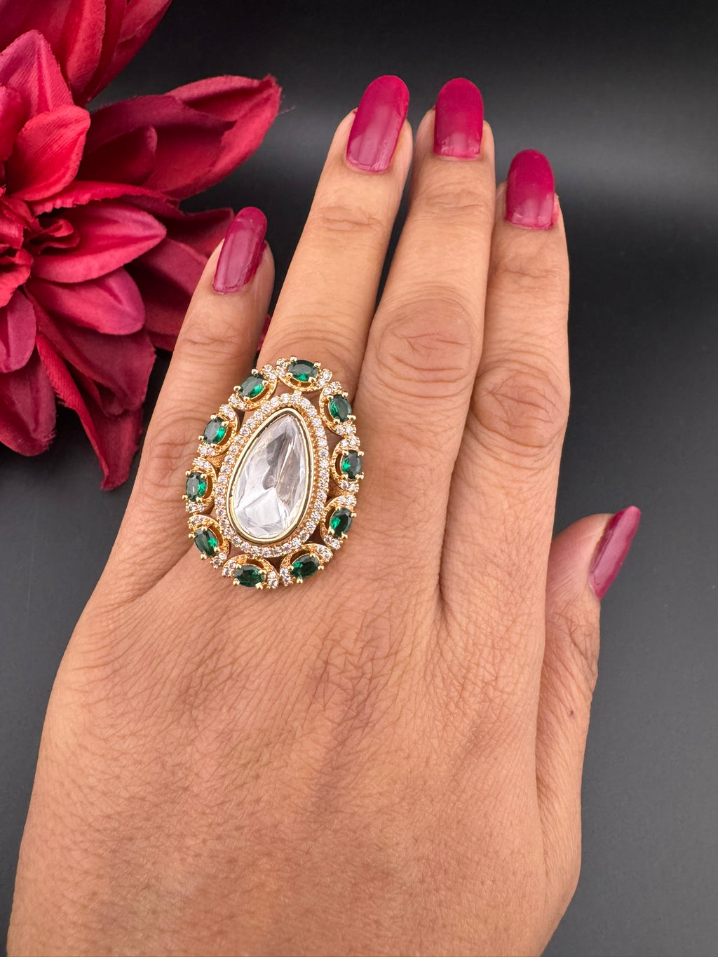Premium Quality Big Ring Moissanite Kundan is Tyaani inspired Adjustable Finger Ring
