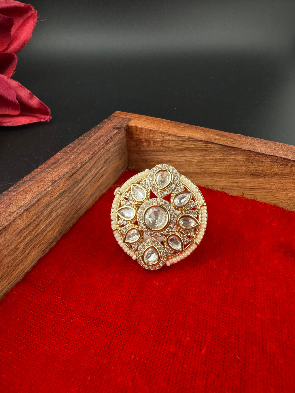 Premium Quality Ring Moissanite Kundan, CZ, Pearls is Tyaani inspired Adjustable Finger Ring