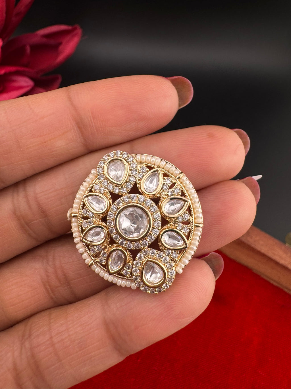 Premium Quality Ring Moissanite Kundan, CZ, Pearls is Tyaani inspired Adjustable Finger Ring