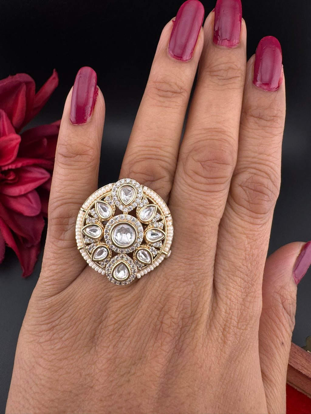 Premium Quality Ring Moissanite Kundan, CZ, Pearls is Tyaani inspired Adjustable Finger Ring