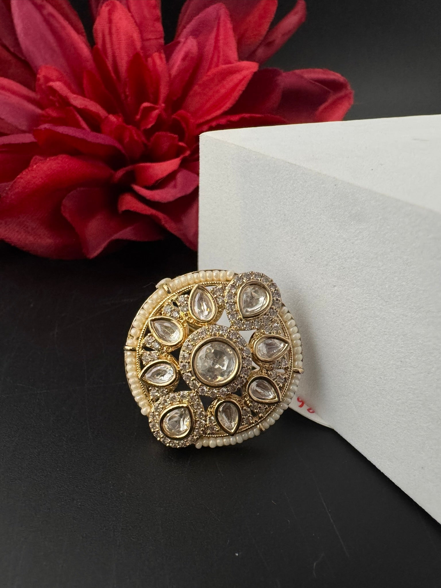 Premium Quality Ring Moissanite Kundan, CZ, Pearls is Tyaani inspired Adjustable Finger Ring