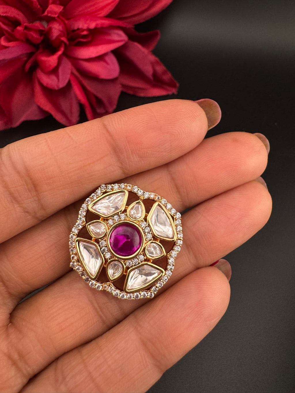 Premium Quality Ring Moissanite Kundan, CZ is Tyaani inspired Adjustable Finger Ring