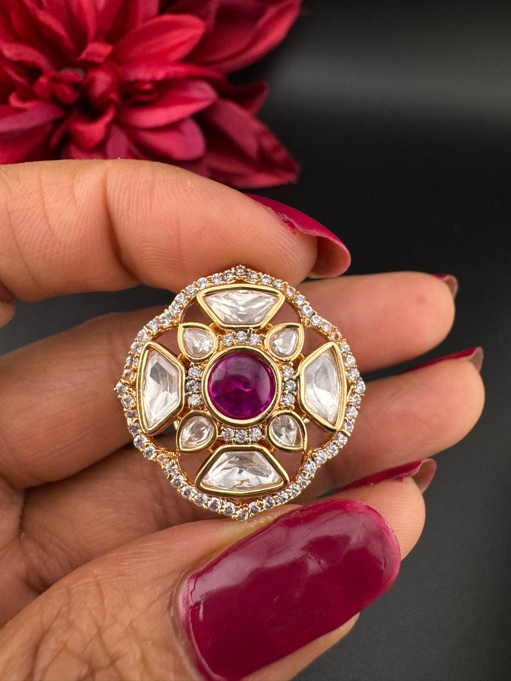 Premium Quality Ring Moissanite Kundan, CZ is Tyaani inspired Adjustable Finger Ring