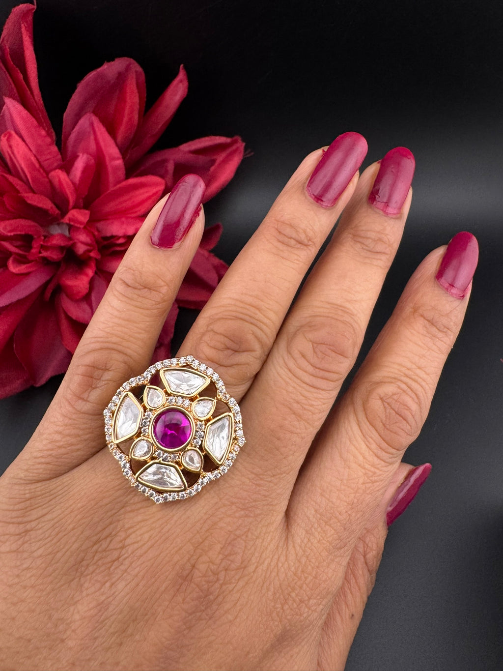 Premium Quality Ring Moissanite Kundan, CZ is Tyaani inspired Adjustable Finger Ring