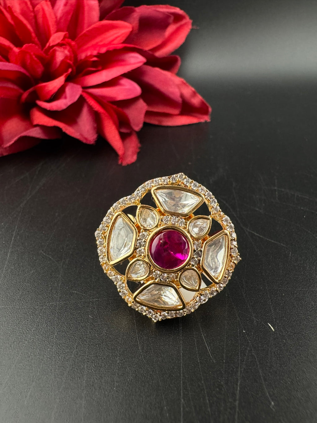 Premium Quality Ring Moissanite Kundan, CZ is Tyaani inspired Adjustable Finger Ring