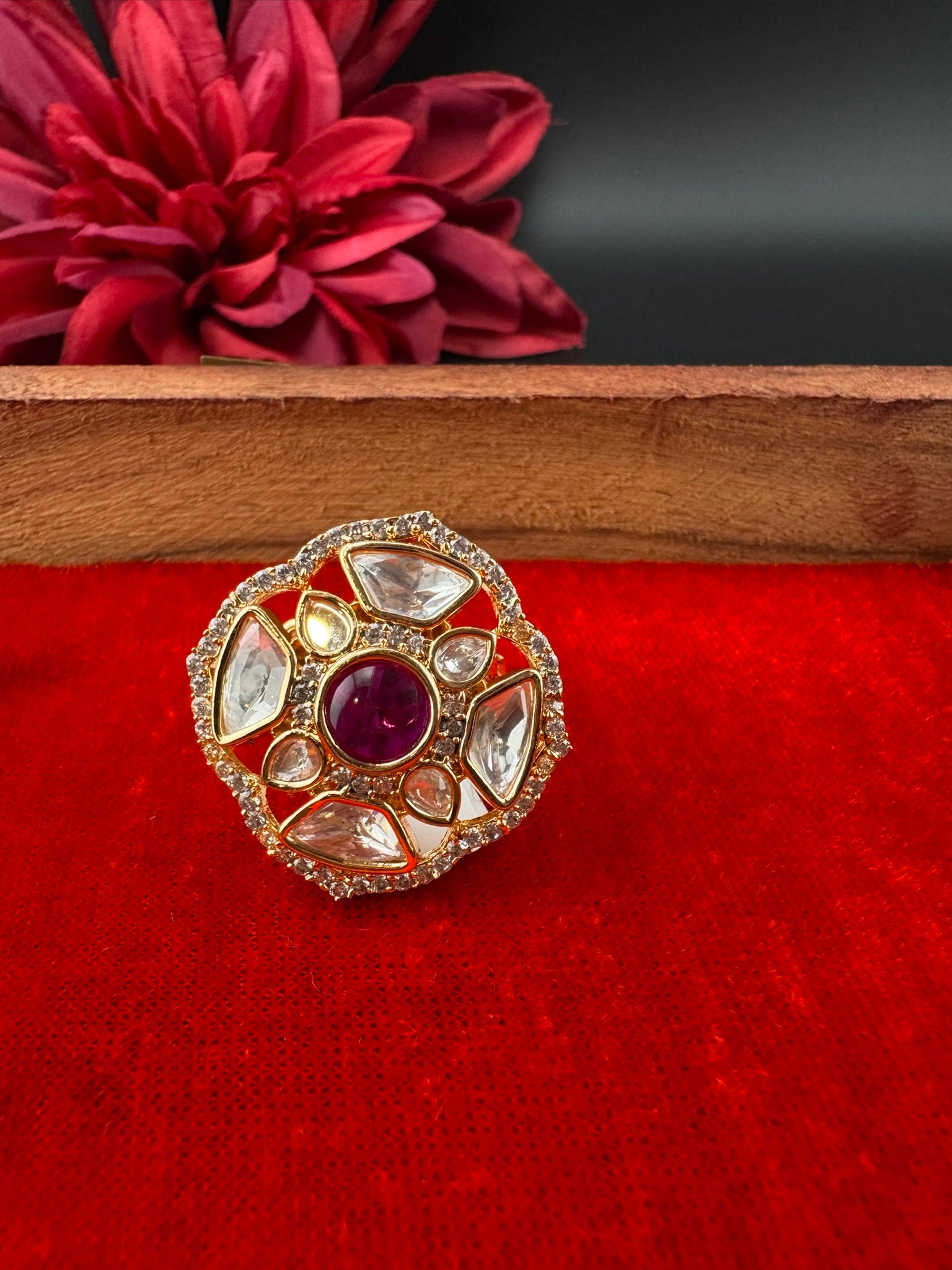 Premium Quality Ring Moissanite Kundan, CZ is Tyaani inspired Adjustable Finger Ring