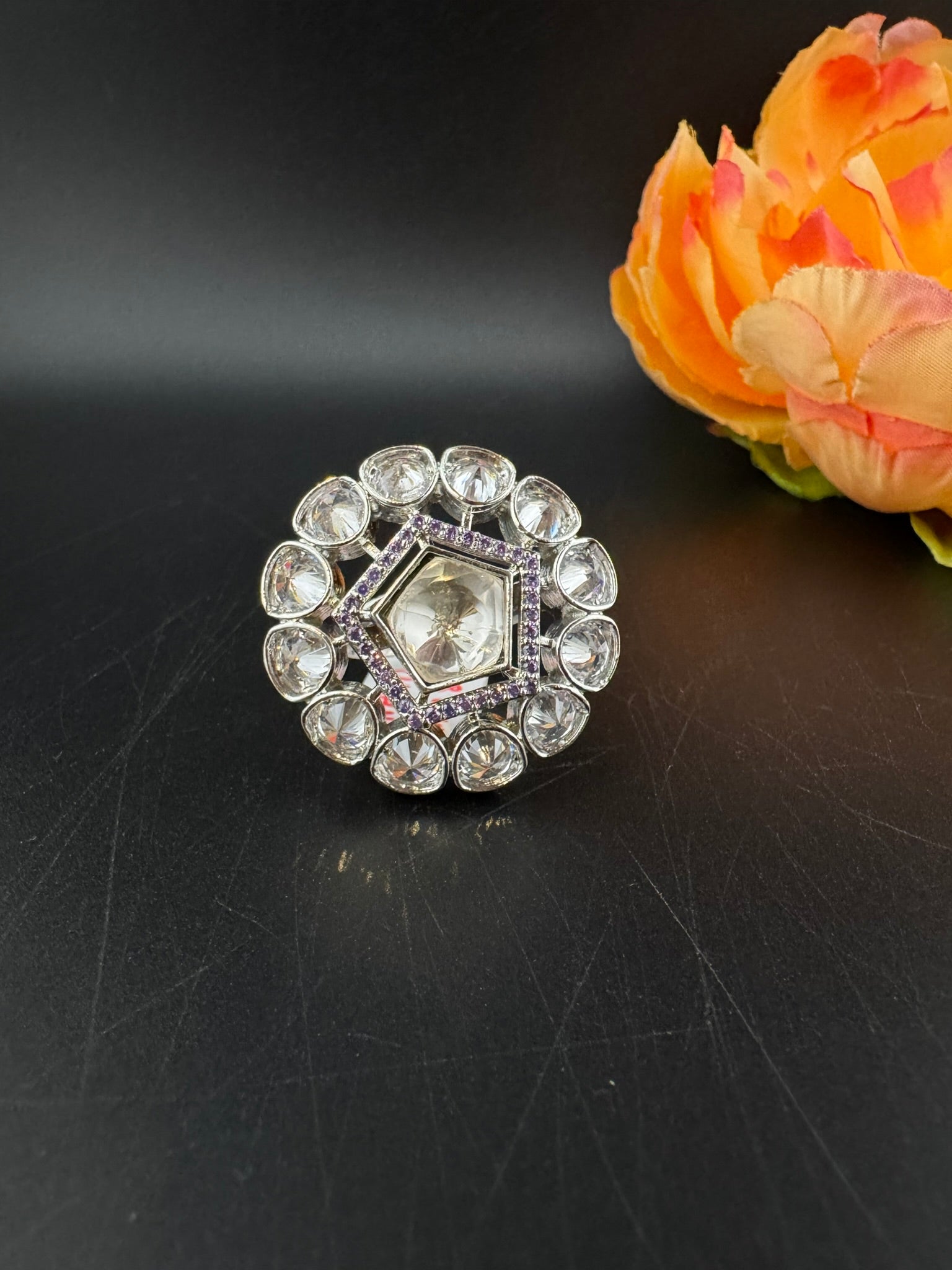 Premium Silver color, Kundan and Cubic Zirconia(AD) Adjustable Ring Adjustable Finger Ring