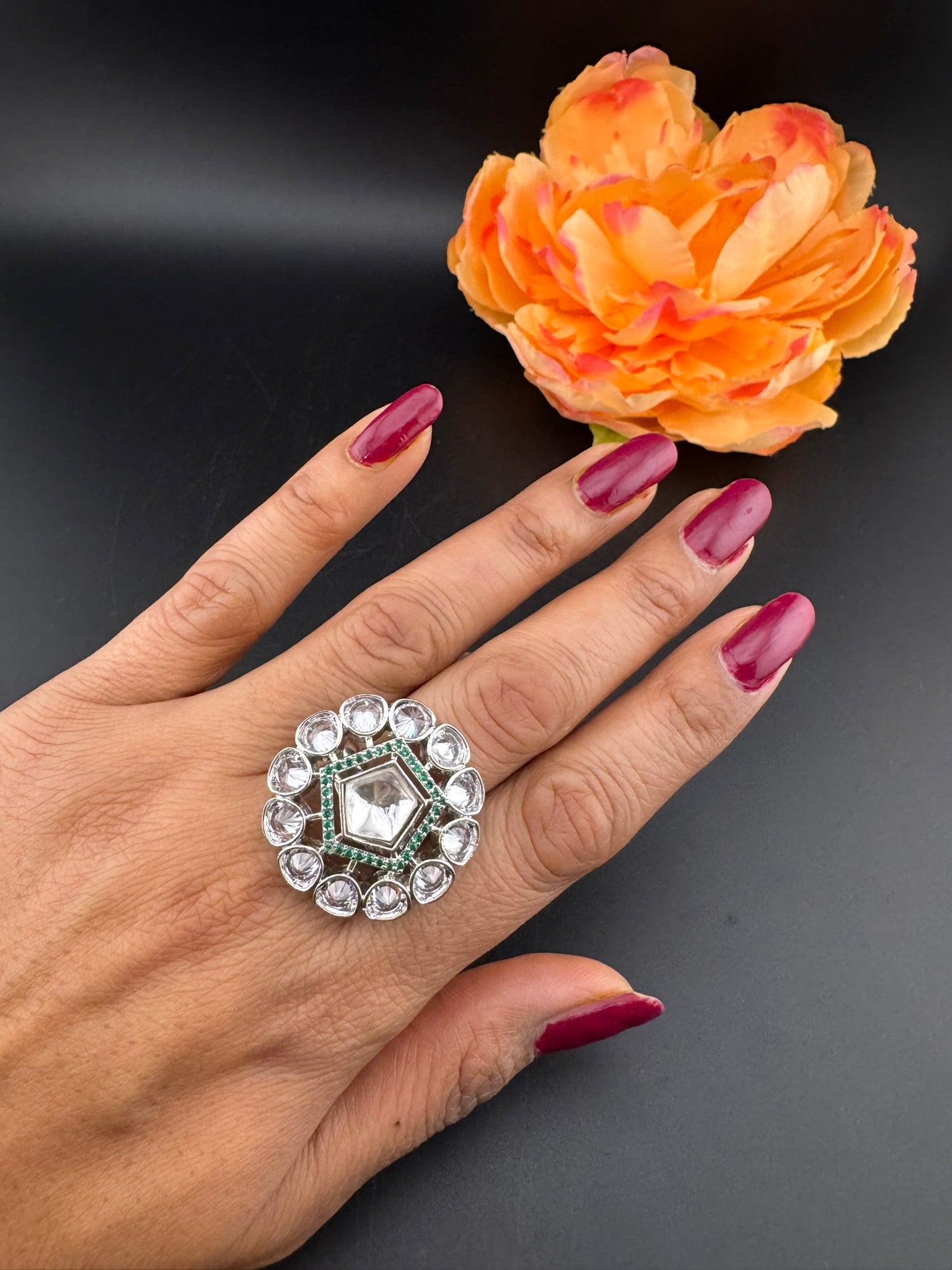 Premium Silver color, Kundan and Cubic Zirconia(AD) Adjustable Ring Adjustable Finger Ring