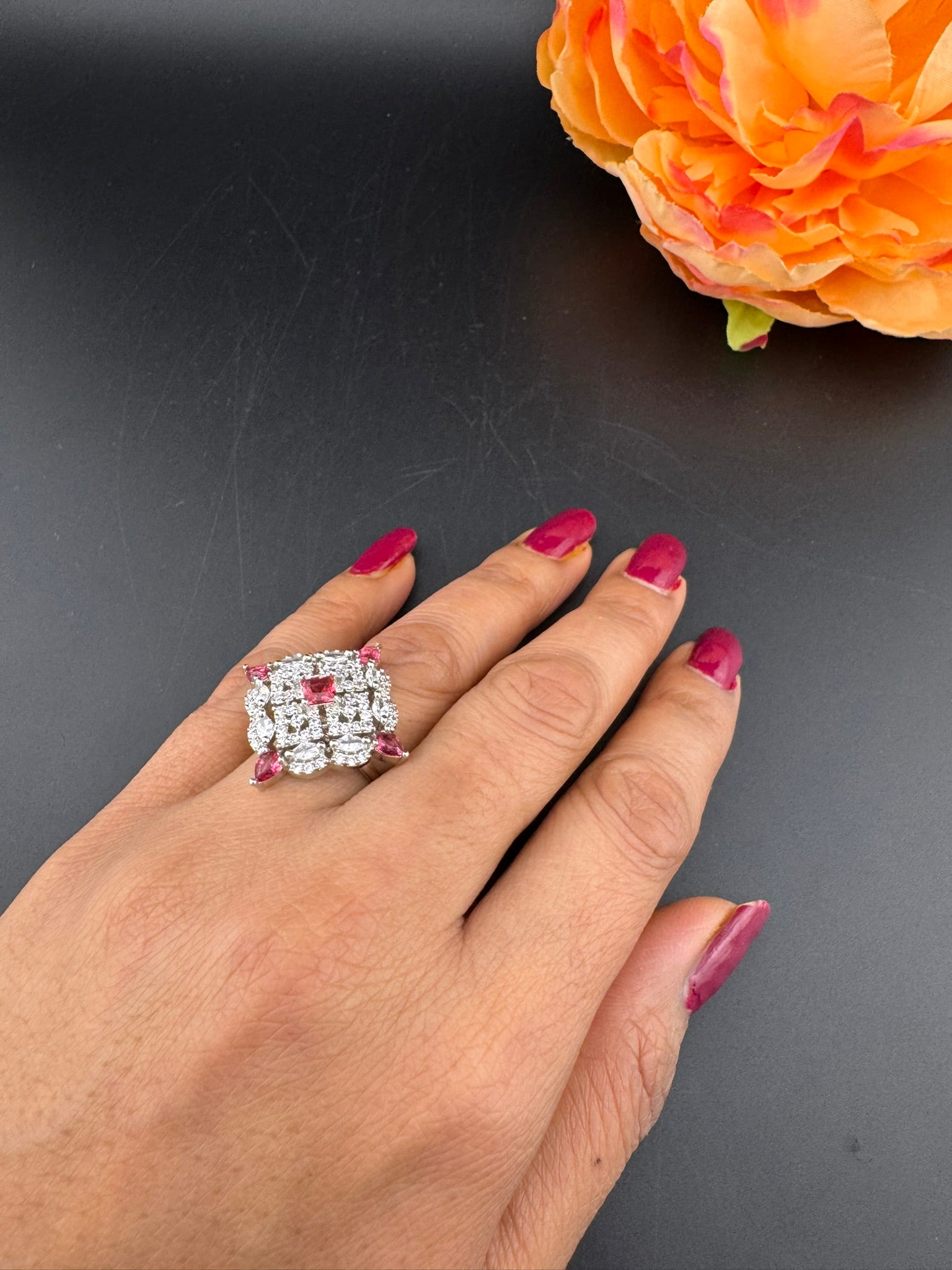 Square Premium Silver and Cubic Zirconia(AD) Adjustable Ring Adjustable Finger Ring