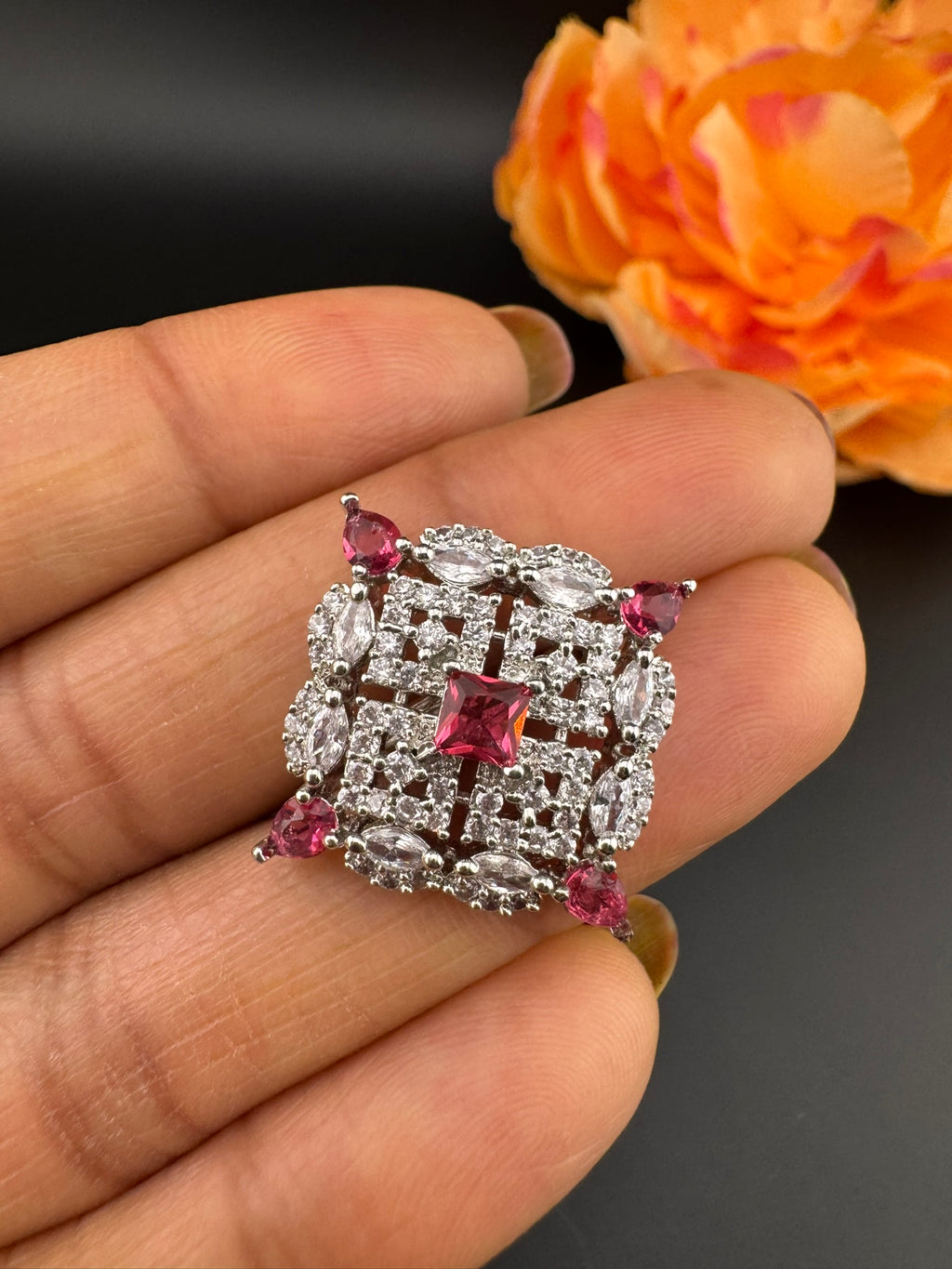 Square Premium Silver and Cubic Zirconia(AD) Adjustable Ring Adjustable Finger Ring