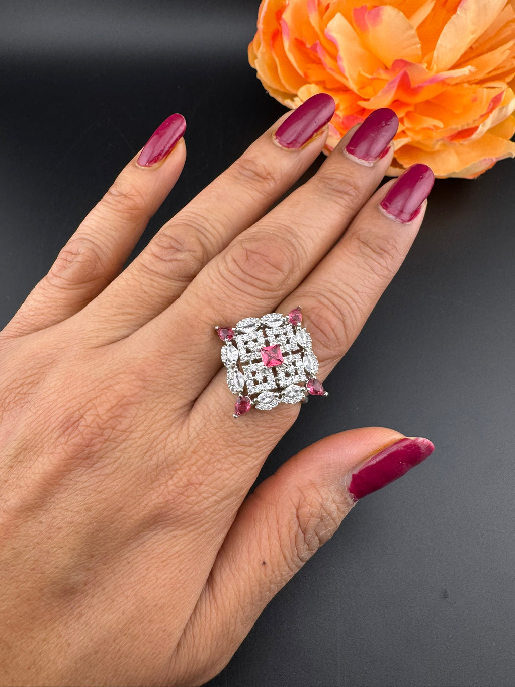 Square Premium Silver and Cubic Zirconia(AD) Adjustable Ring Adjustable Finger Ring