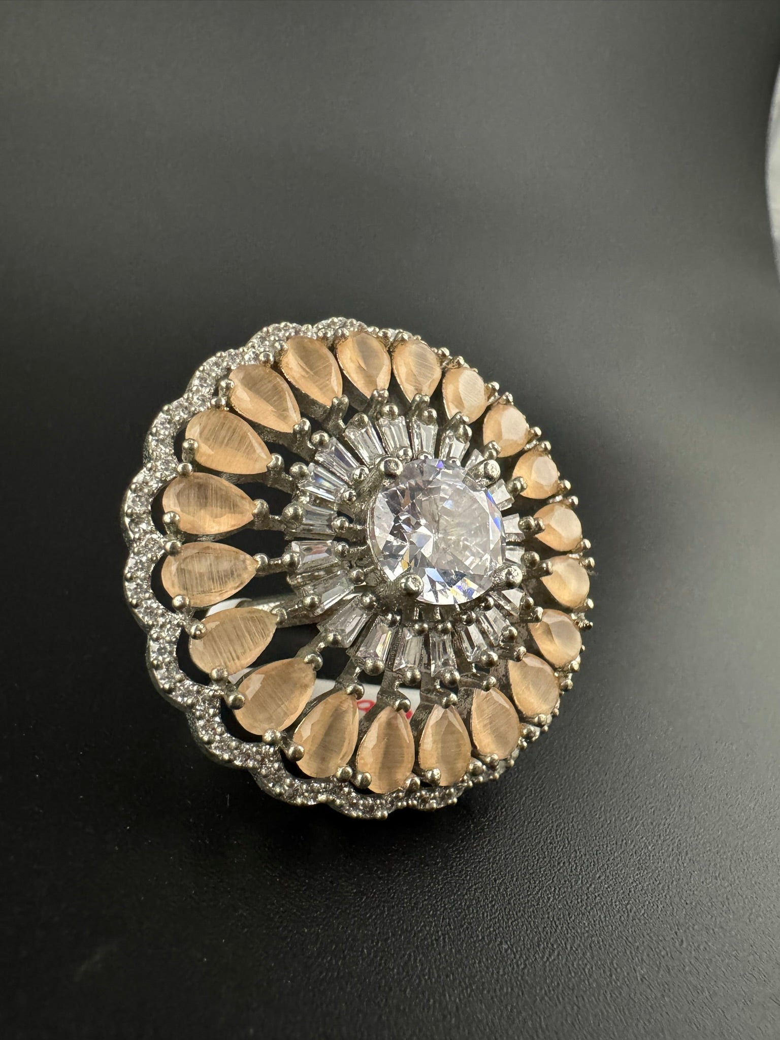 Premium Silver color Adjustable Big Ring in Stones and Cubic Zirconia