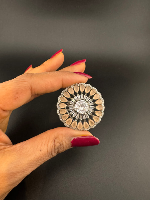 Premium Silver color Adjustable Big Ring in Stones and Cubic Zirconia