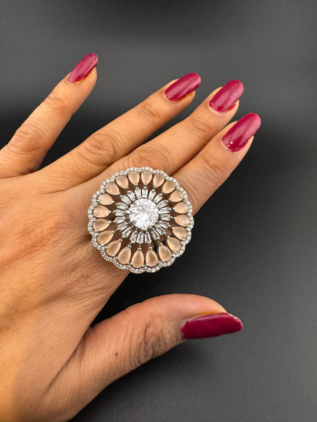 Premium Silver color Adjustable Big Ring in Stones and Cubic Zirconia