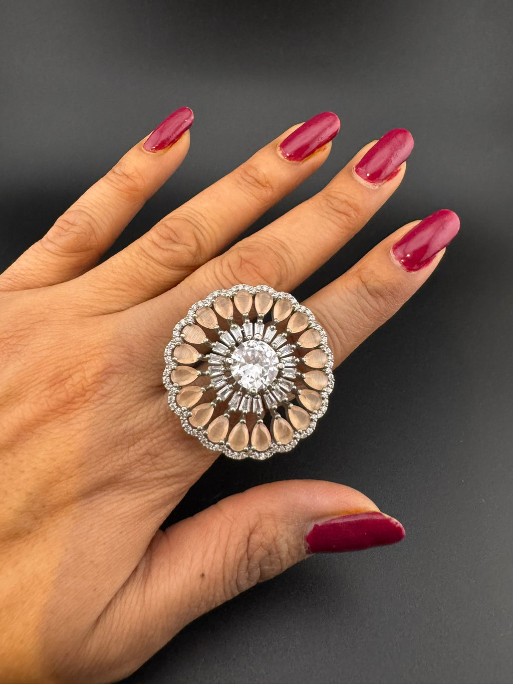 Premium Silver color Adjustable Big Ring in Stones and Cubic Zirconia