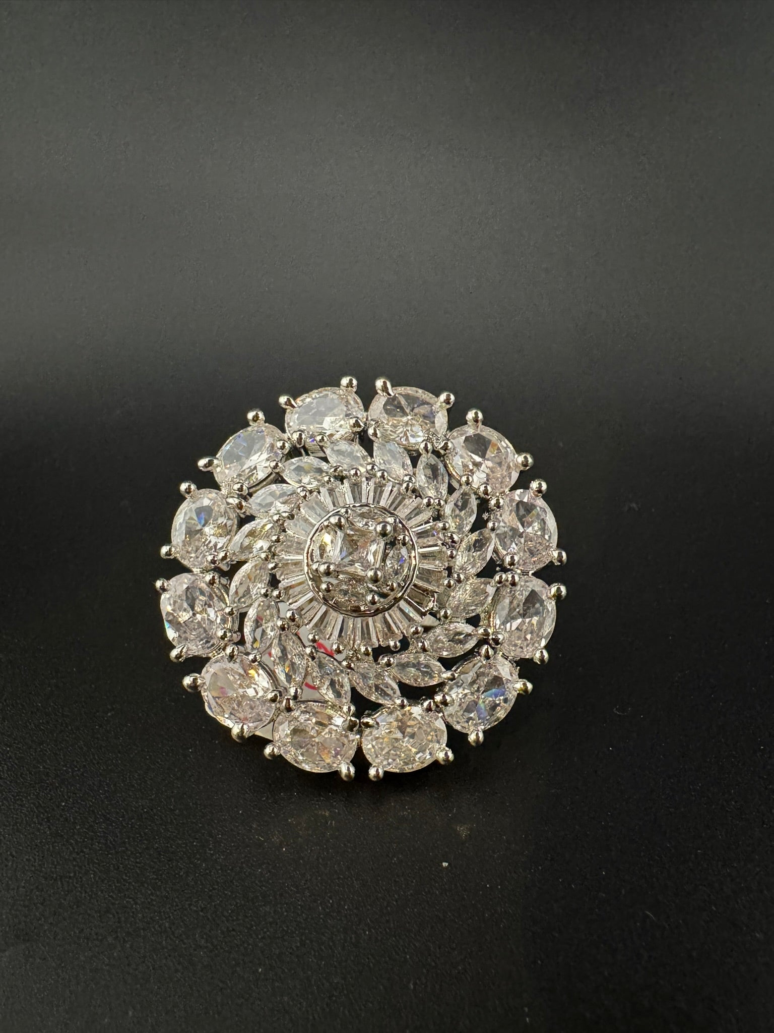 Premium Silver color Adjustable Big Ring in Crystals and Cubic Zirconia in Unique Design