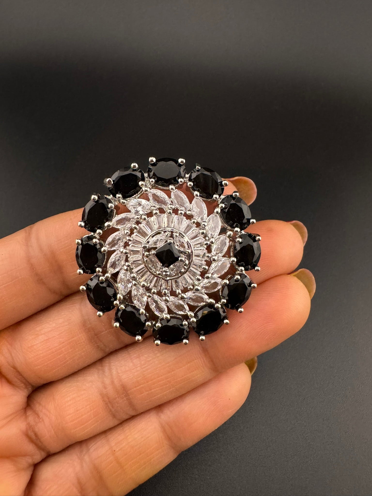 Premium Silver color Adjustable Big Ring in Crystals and Cubic Zirconia in Unique Design