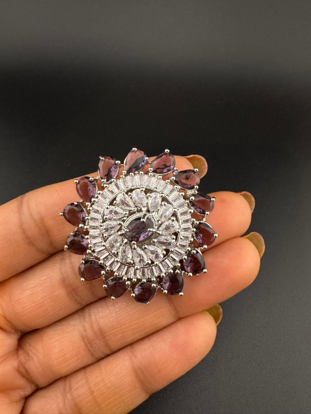 Premium Silver color Adjustable Big Ring in Crystals and Cubic Zirconia in Unique Design