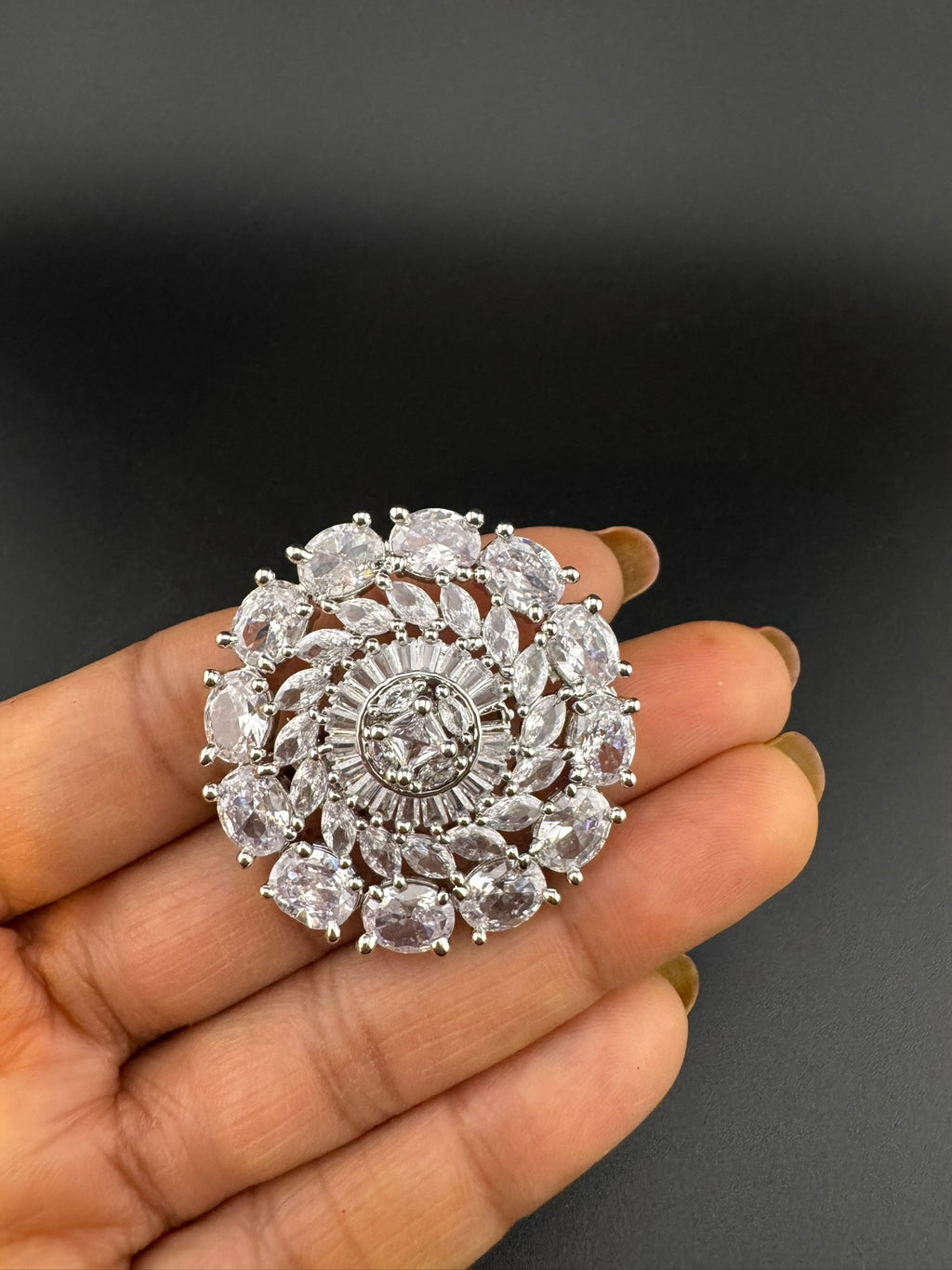 Premium Silver color Adjustable Big Ring in Crystals and Cubic Zirconia in Unique Design