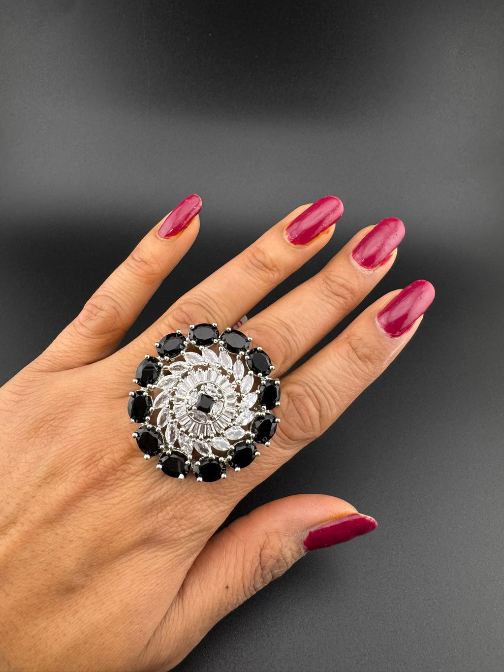 Premium Silver color Adjustable Big Ring in Crystals and Cubic Zirconia in Unique Design