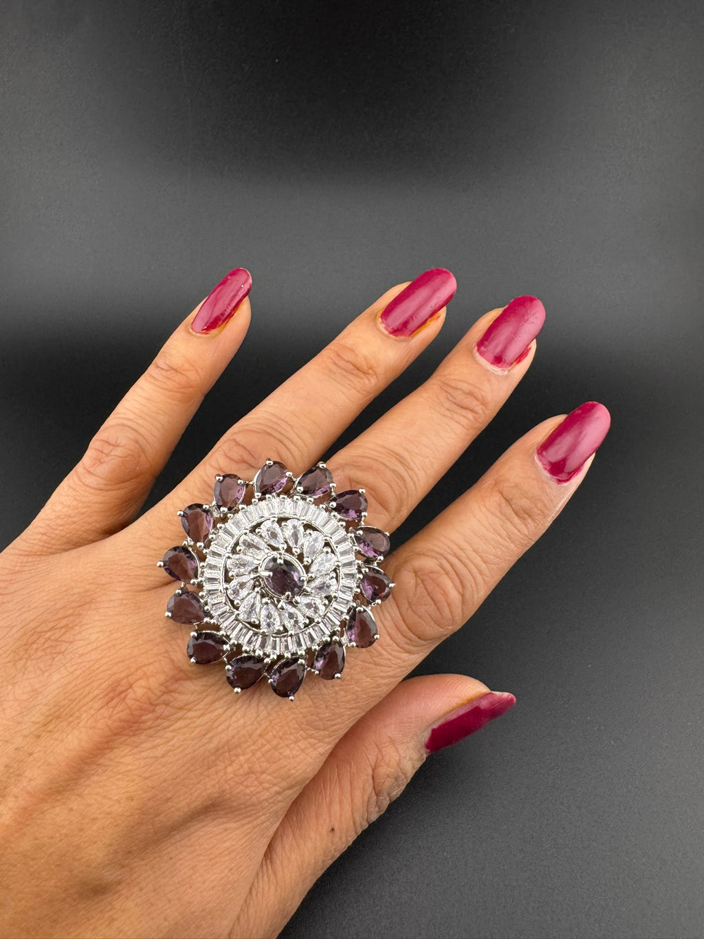 Premium Silver color Adjustable Big Ring in Crystals and Cubic Zirconia in Unique Design