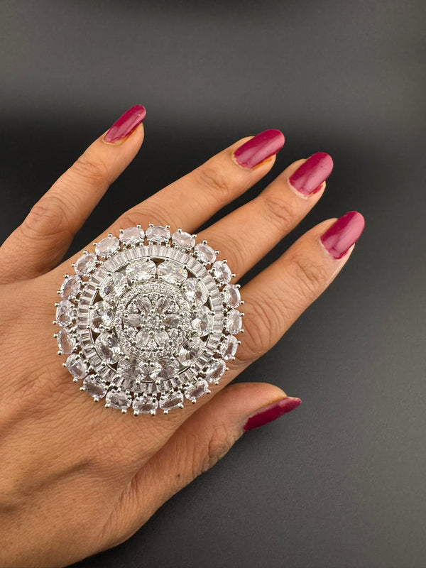 Premium Silver color Adjustable Big Ring in Crystals and Cubic Zirconia