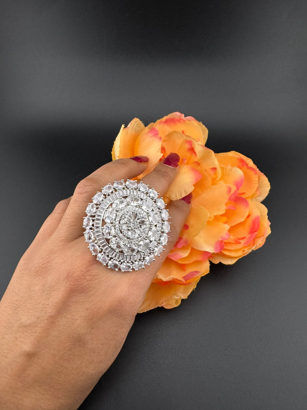 Premium Silver color Adjustable Big Ring in Crystals and Cubic Zirconia