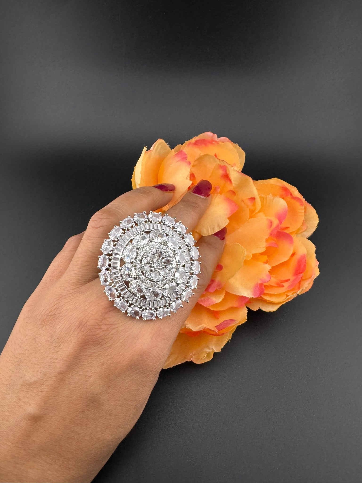Premium Silver color Adjustable Big Ring in Crystals and Cubic Zirconia