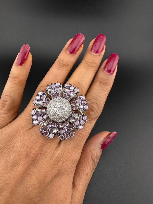 Premium Silver color Adjustable 3D Big Ring in Crystals and Cubic Zirconia in Nano setting