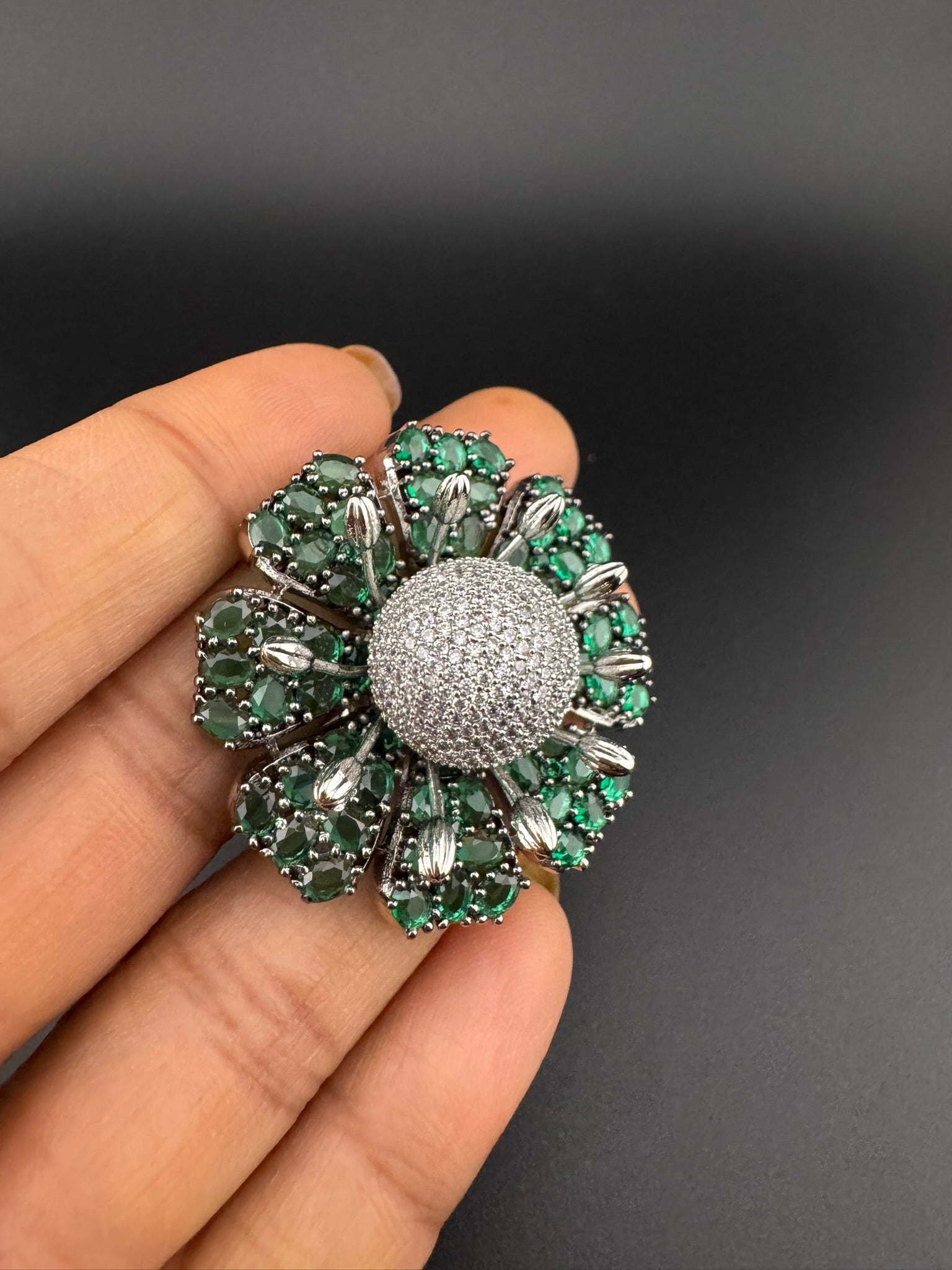 Premium Silver color Adjustable 3D Big Ring in Crystals and Cubic Zirconia in Nano setting