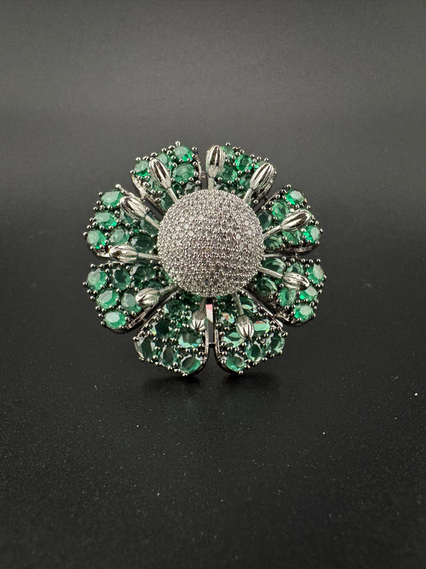 Premium Silver color Adjustable 3D Big Ring in Crystals and Cubic Zirconia in Nano setting