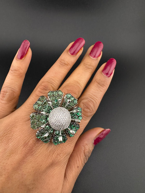 Premium Silver color Adjustable 3D Big Ring in Crystals and Cubic Zirconia in Nano setting