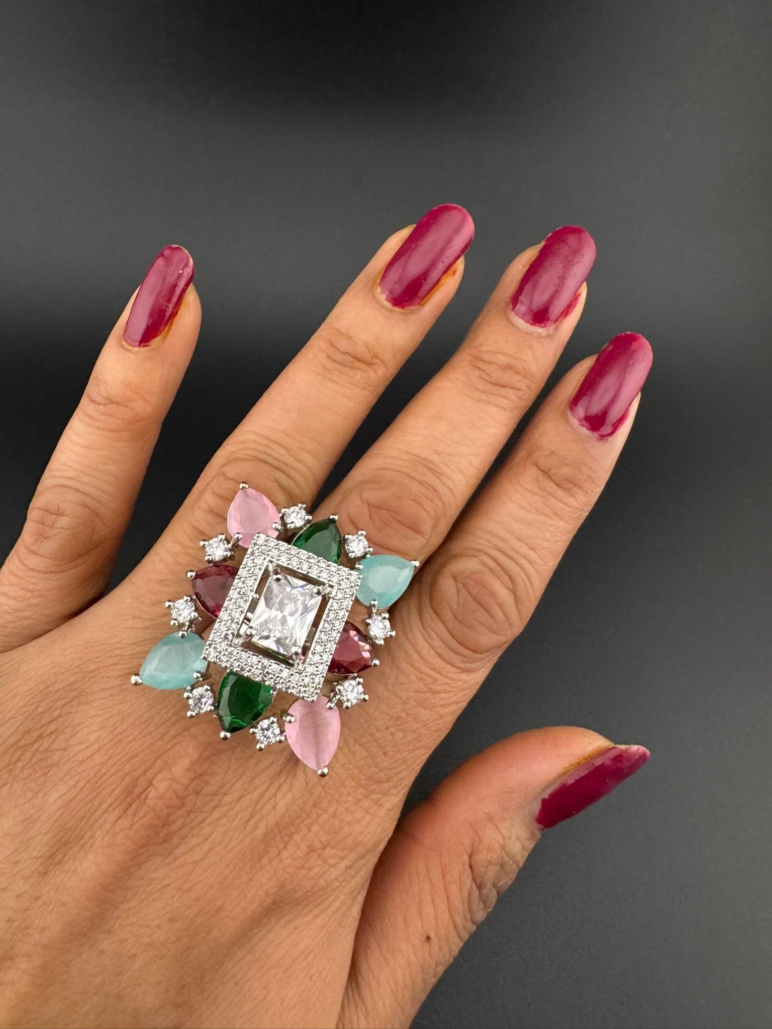 Premium Adjustable Square Ring, stones, CZ unique design