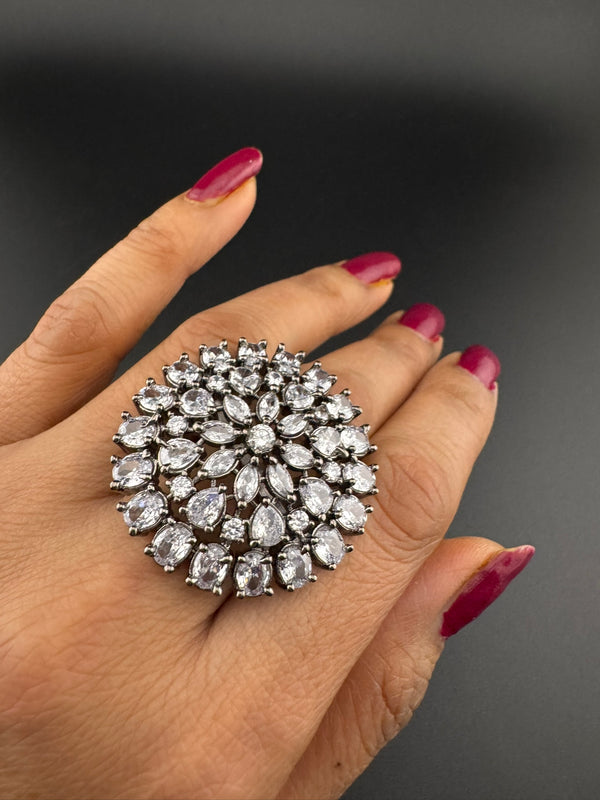 Premium Victorian Adjustable Big round Ring, stones, CZ setting