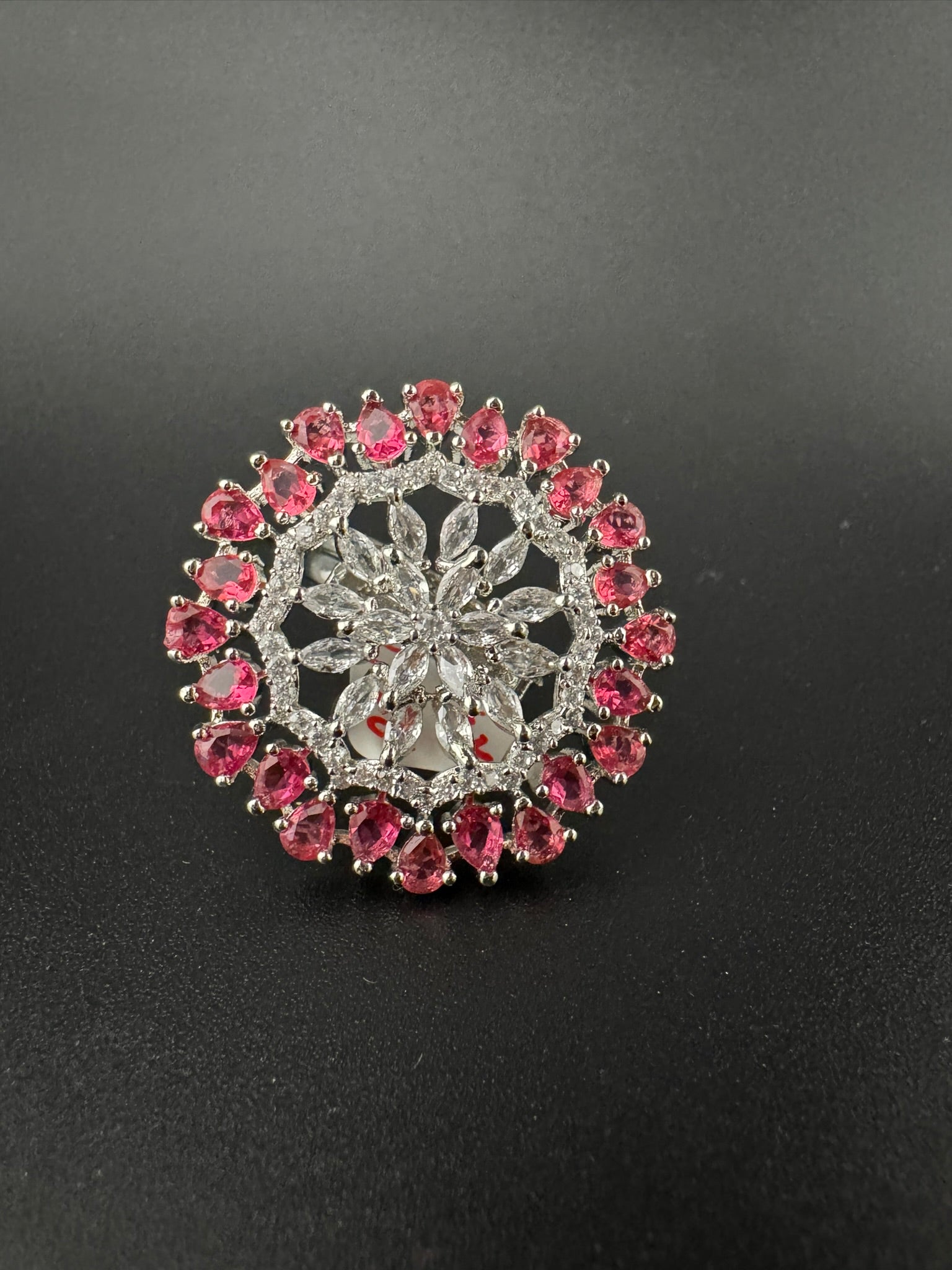 Premium Silver color Adjustable Big Ring in Crystals and Cubic Zirconia in Unique Design