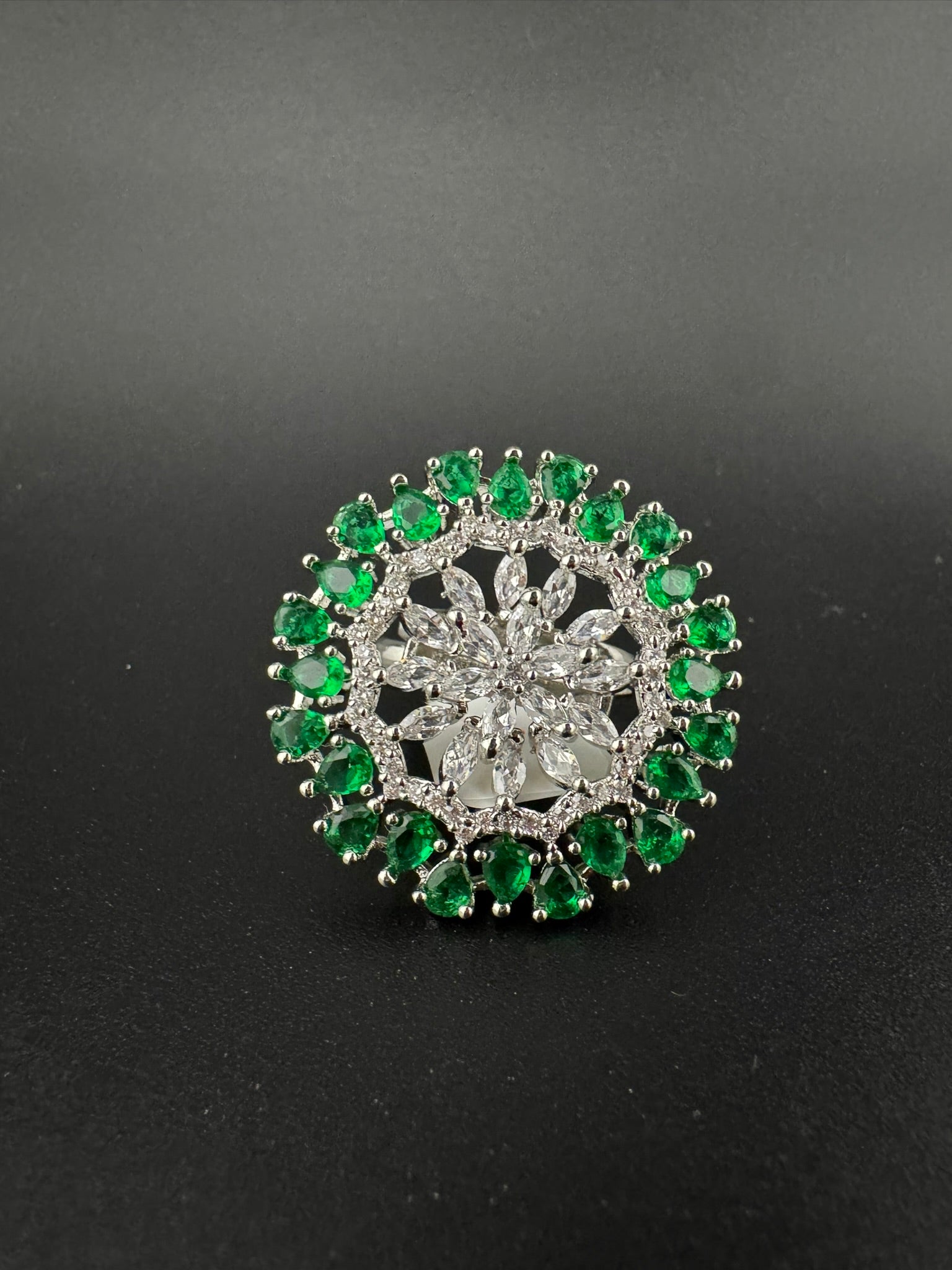 Premium Silver color Adjustable Big Ring in Crystals and Cubic Zirconia in Unique Design