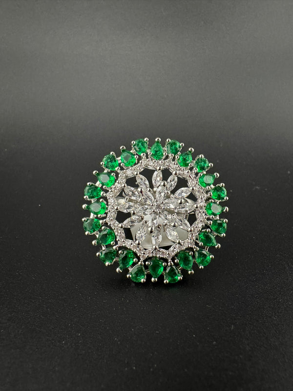 Premium Silver color Adjustable Big Ring in Crystals and Cubic Zirconia in Unique Design