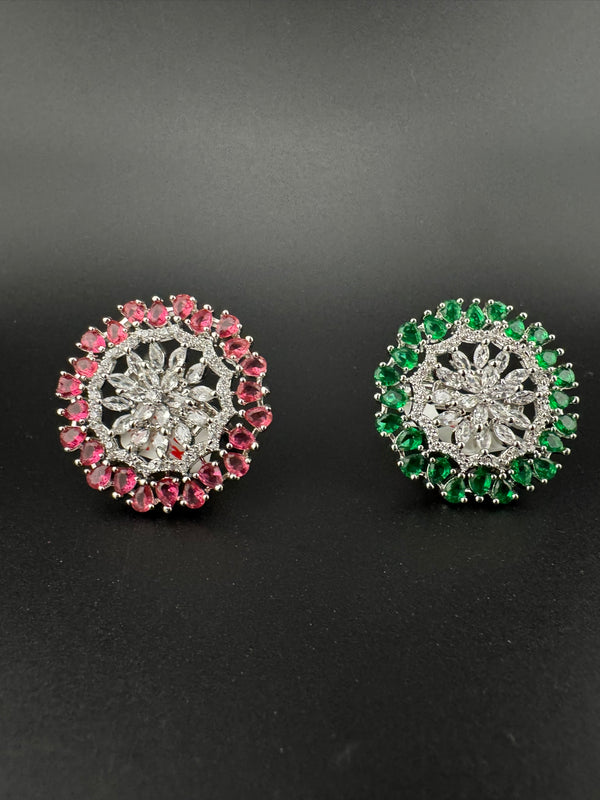 Premium Silver color Adjustable Big Ring in Crystals and Cubic Zirconia in Unique Design