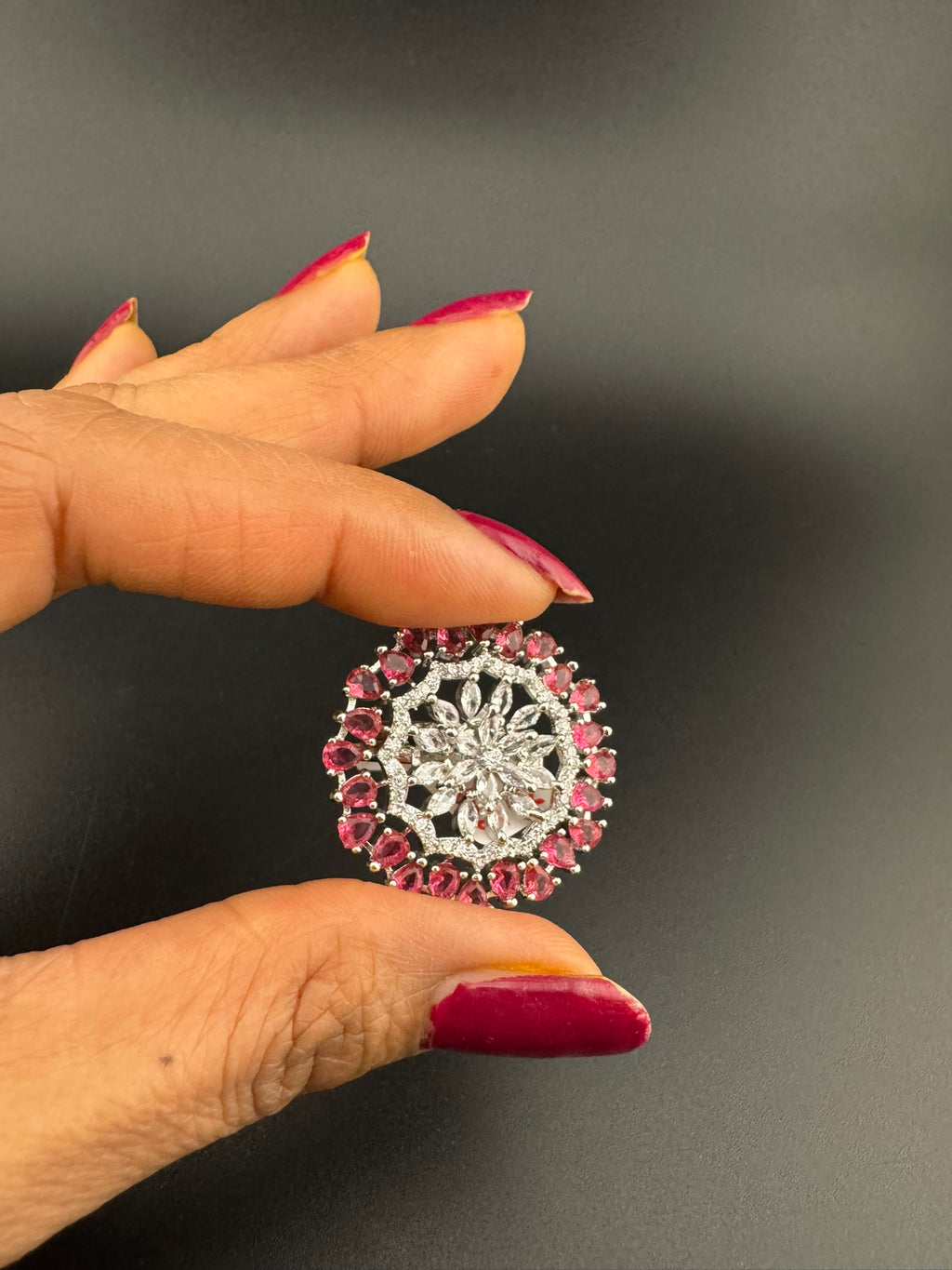 Premium Silver color Adjustable Big Ring in Crystals and Cubic Zirconia in Unique Design