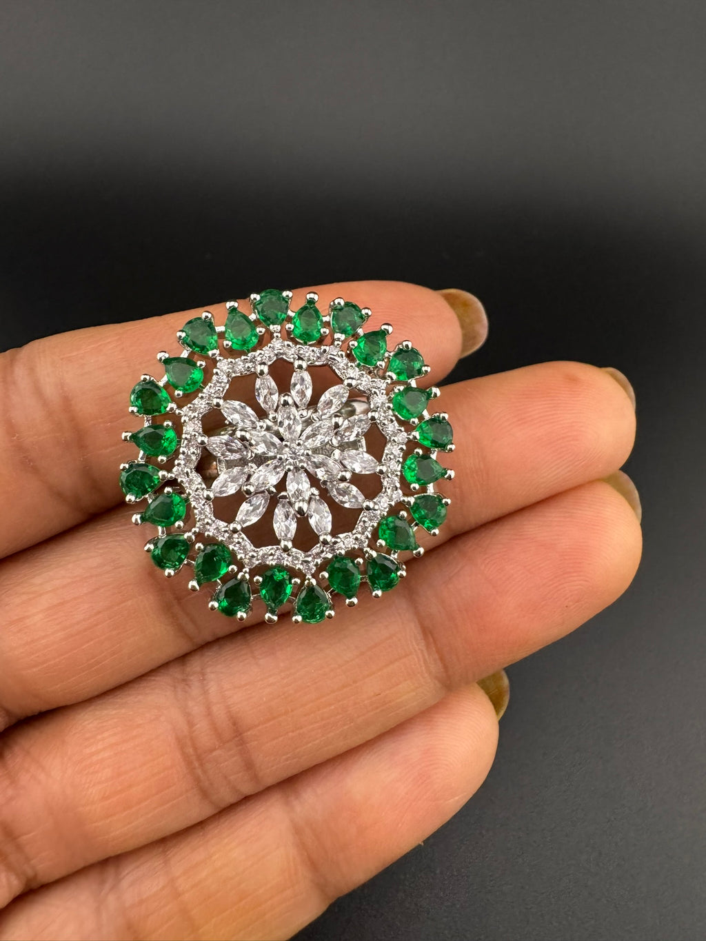 Premium Silver color Adjustable Big Ring in Crystals and Cubic Zirconia in Unique Design