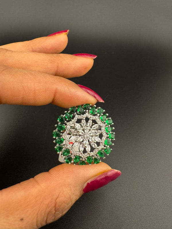 Premium Silver color Adjustable Big Ring in Crystals and Cubic Zirconia in Unique Design